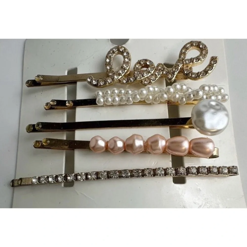 H&M Gold Tone Hair Clip Set 5pc Love Rhinestone Faux Pearl Bobby Pins New‎ J-01